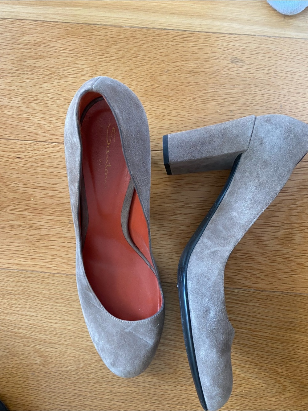 Santoni Taupe Suede Block Heel Pumps